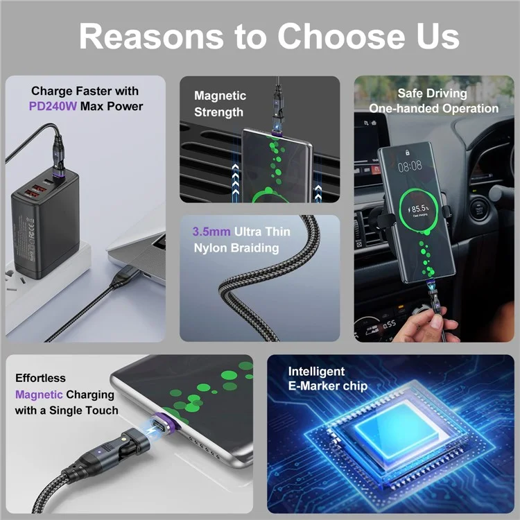 USLION US0204 Câble de charge magnétique rotatif 240W USB / Type-C vers Type-C / Micro / iP de 1,8 m