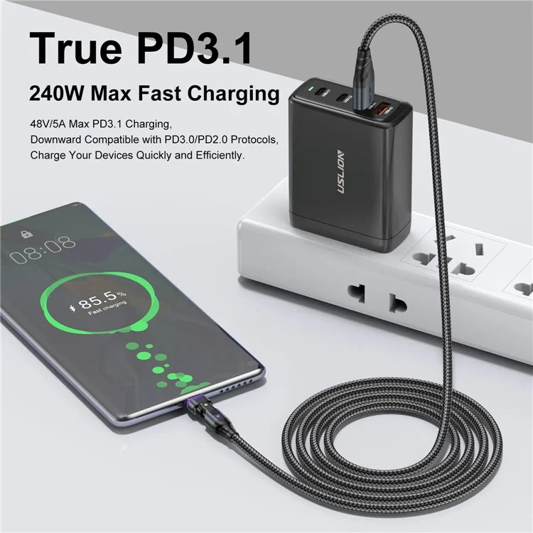 USLION US0204 Câble de charge magnétique rotatif 240W USB / Type-C vers Type-C / Micro / iP de 1,8 m