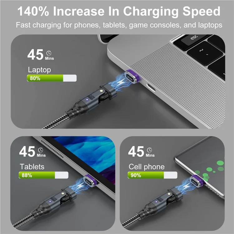 USLION US0204 Câble de charge magnétique rotatif 240W USB / Type-C vers Type-C / Micro / iP de 1,8 m