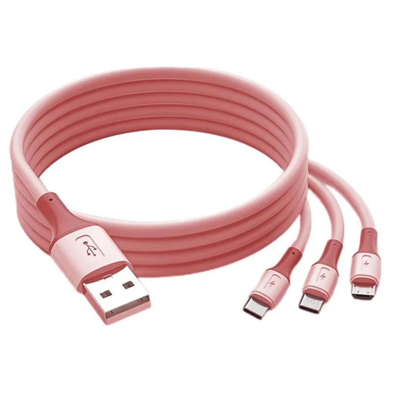 1m 3-in-1 Charging Cable Dual Type-C + Micro USB Liquid Silicone Feeling TPE Data Cord - Pink