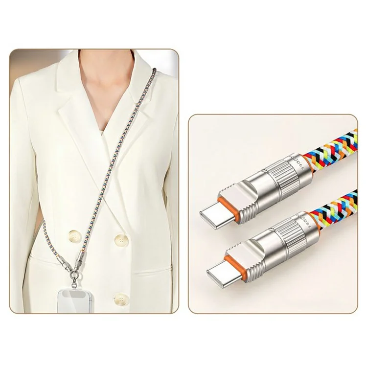 120cm 2-in-1 PD 66W Type-C Charging Cable Cell Phone Crossbody Lanyard Data Cable with Zinc Alloy Buckle, Tether Tab - Multi-Color