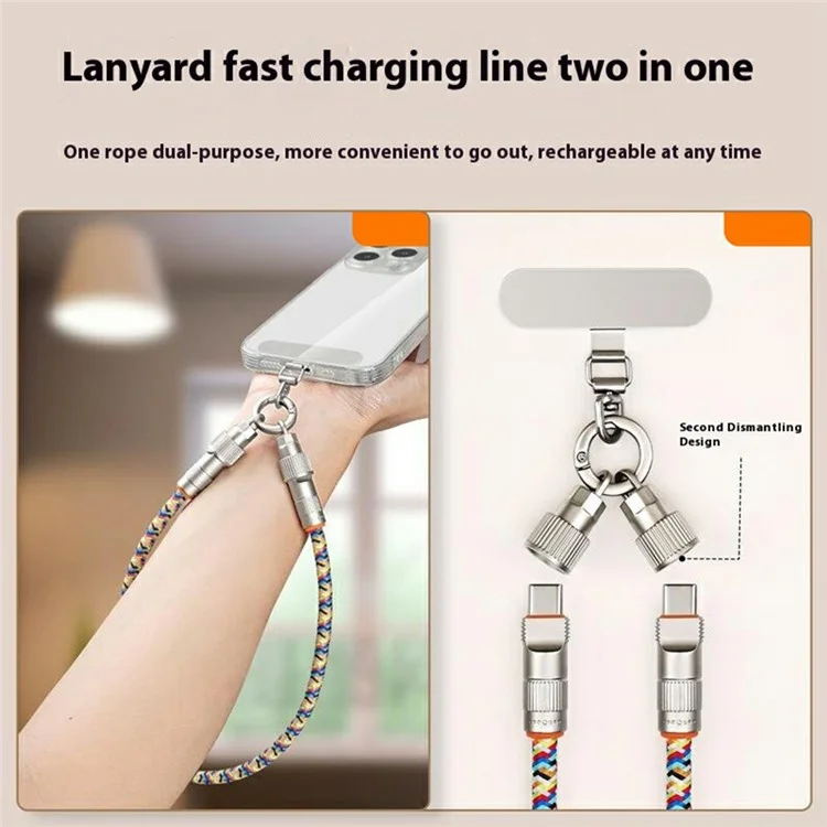 120cm 2-in-1 PD 66W Type-C Charging Cable Cell Phone Crossbody Lanyard Data Cable with Zinc Alloy Buckle, Tether Tab - Multi-Color