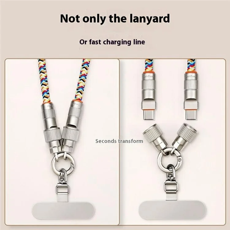 120cm 2-in-1 PD 66W Type-C Charging Cable Cell Phone Crossbody Lanyard Data Cable with Zinc Alloy Buckle, Tether Tab - Multi-Color