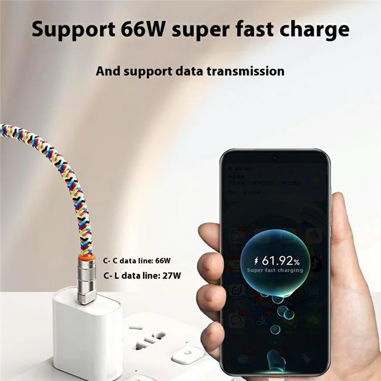 120cm 2-in-1 PD 66W Type-C Charging Cable Cell Phone Crossbody Lanyard Data Cable with Zinc Alloy Buckle, Tether Tab - Multi-Color