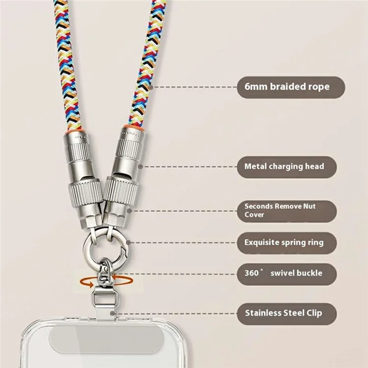 120cm 2-in-1 PD 66W Type-C Charging Cable Cell Phone Crossbody Lanyard Data Cable with Zinc Alloy Buckle, Tether Tab - Multi-Color