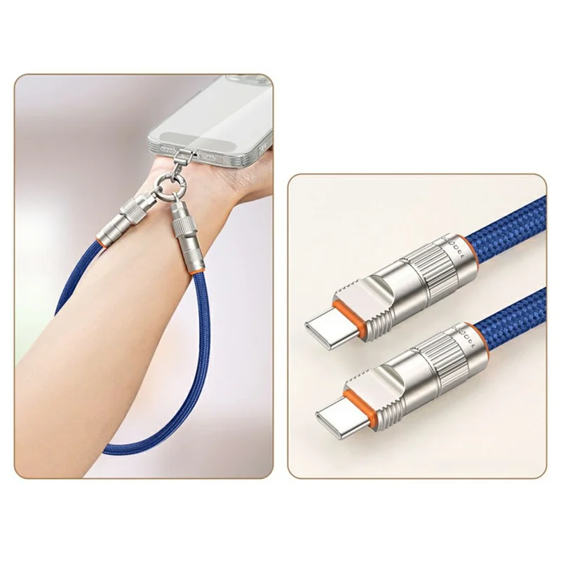 30cm 2-in-1 PD 66W Type-C Charging Cable Cell Phone Wrist Strap Data Cable with Zinc Alloy Buckle, Tether Tab - Sapphire