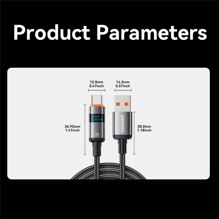 ESSAGER ES-X61 2m USB to Type-c Cable 7A Affichage Numérique Téléphone Fast Charging Data Cordon