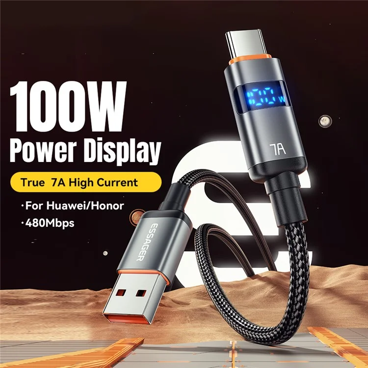 ESSAGER ES-X61 2m USB to Type-c Cable 7A Affichage Numérique Téléphone Fast Charging Data Cordon