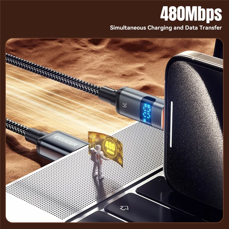 ESSAGER ES-X61 2m USB to Type-c Cable 7A Affichage Numérique Téléphone Fast Charging Data Cordon