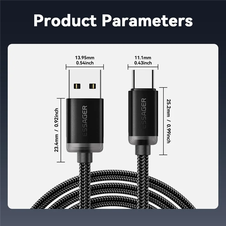 ESSAGER ES-X60 3m USB to Type-C Phone Charging Cable 3A Braided Data Cable
