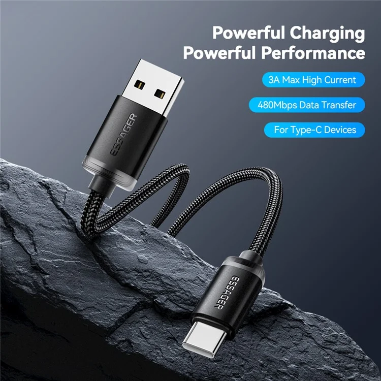 ESSAGER ES-X60 3m USB to Type-C Phone Charging Cable 3A Braided Data Cable