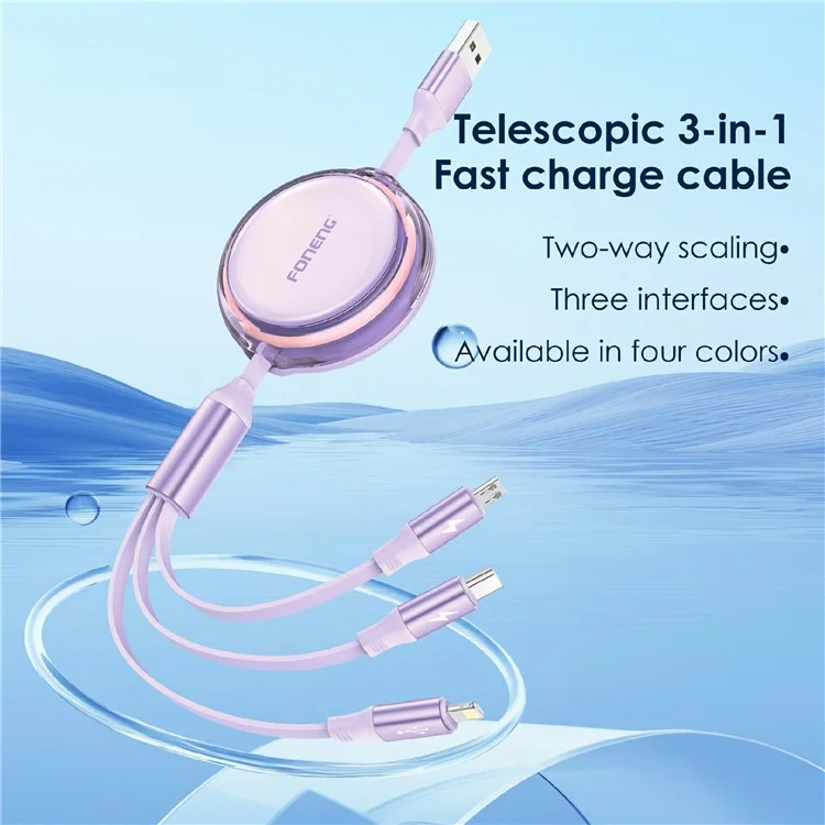 Foneng X113 110cm 3-en-1 Micro + ip + Type-C Câble de Charge Rapide Rétractable Pour Iphone Android - Violet Léger