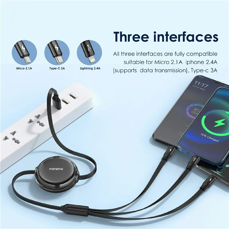 Foneng X113 110cm 3-en-1 Micro + ip + Type-C Câble de Charge Rapide Rétractable Pour Iphone Android - Violet Léger