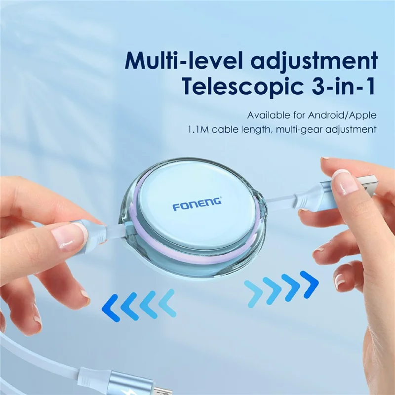 FONENG X113 110cm 3-in-1 Micro+iP+Type-C Retractable Fast Charging Cable for iPhone Android - Baby Blue