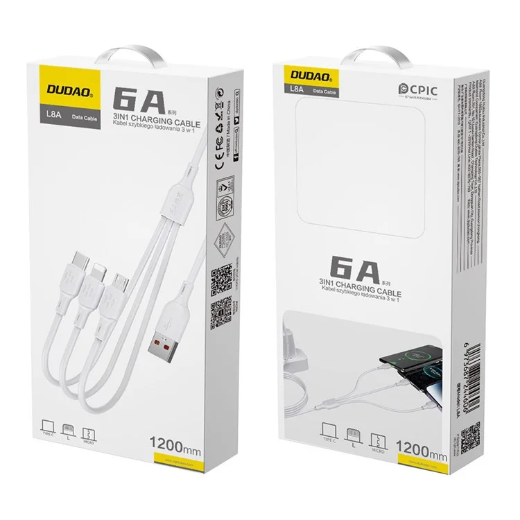 DUDAO L8A 3 in 1 Multi Charging Cable 1.2m 6A Fast Charging Data Cord for iPhone Samsung Huawei Xiaomi