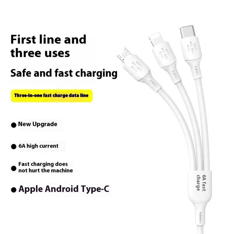 DUDAO L8A 3 in 1 Multi Charging Cable 1.2m 6A Fast Charging Data Cord for iPhone Samsung Huawei Xiaomi