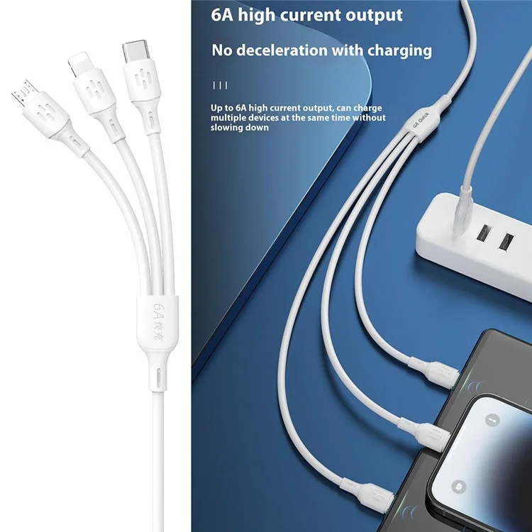 DUDAO L8A 3 in 1 Multi Charging Cable 1.2m 6A Fast Charging Data Cord for iPhone Samsung Huawei Xiaomi