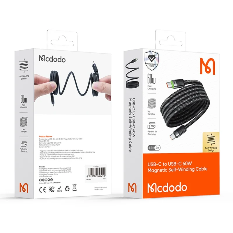 MCDODO CA-2000 1.2m Type-C to Type-C 60W Fast Charging Cable Data Cord