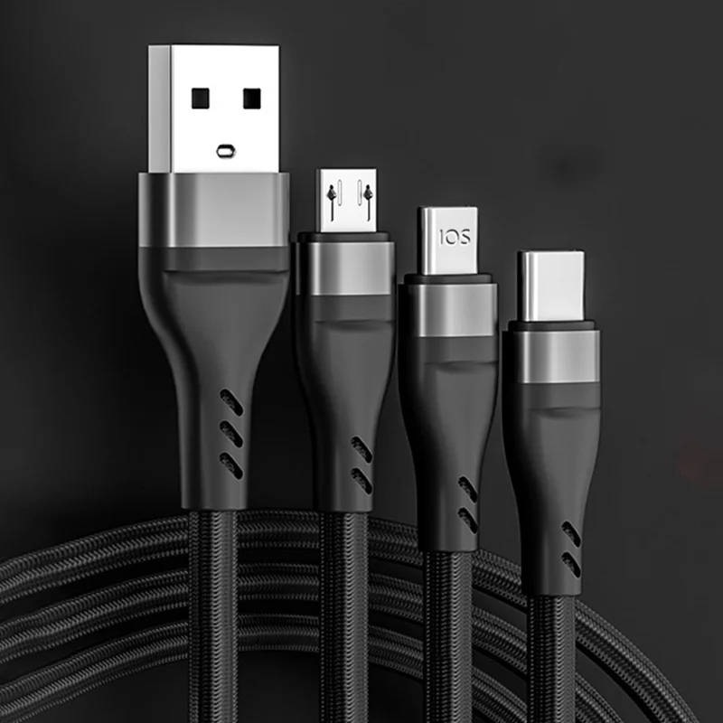 XKS-20 1.2m 100W Braided USB Cable 3-in-1 6A Fast Charging Data Cable for Android, Huawei, and iPhone - Black