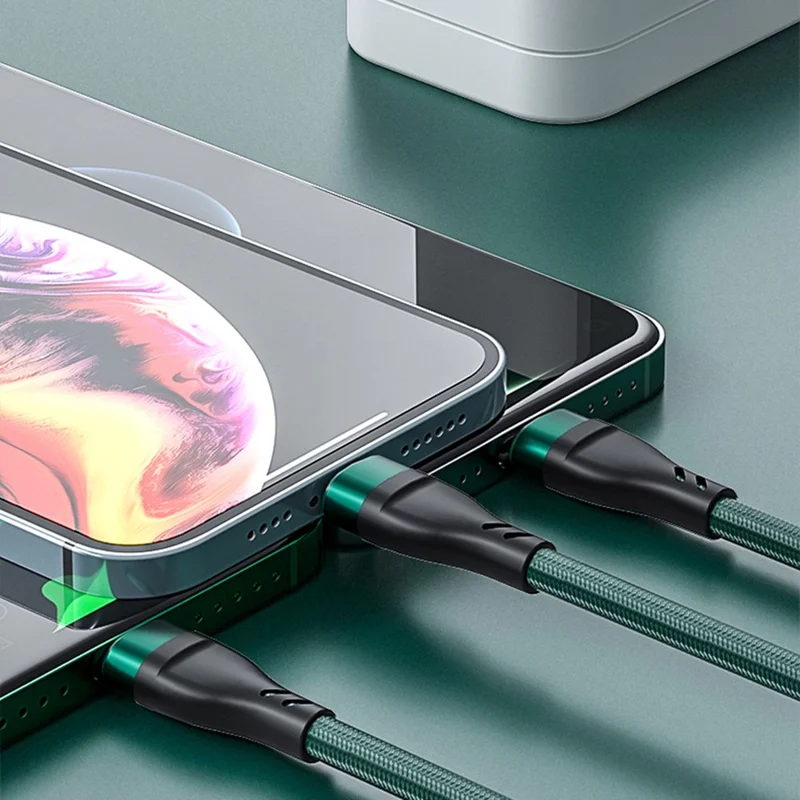 XKS-20 1.2m 100W Braided USB Cable 3-in-1 6A Fast Charging Data Cable for Android, Huawei, and iPhone - Black