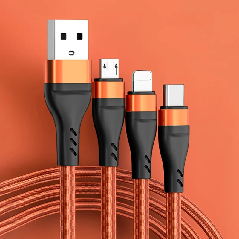 XKS-20 2m 100W Braided USB Cable 3-in-1 6A Fast Charging Data Cable for Android, Huawei, and iPhone - Orange
