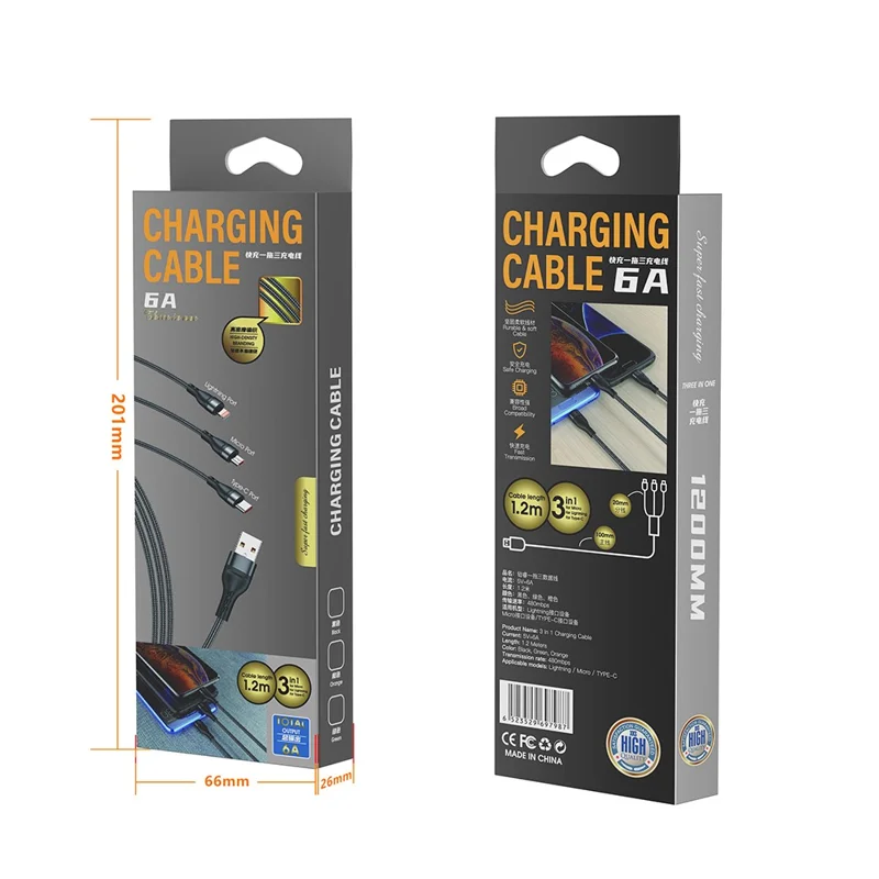 XKS-20 2m 100W Braided USB Cable 3-in-1 6A Fast Charging Data Cable for Android, Huawei, and iPhone - Orange