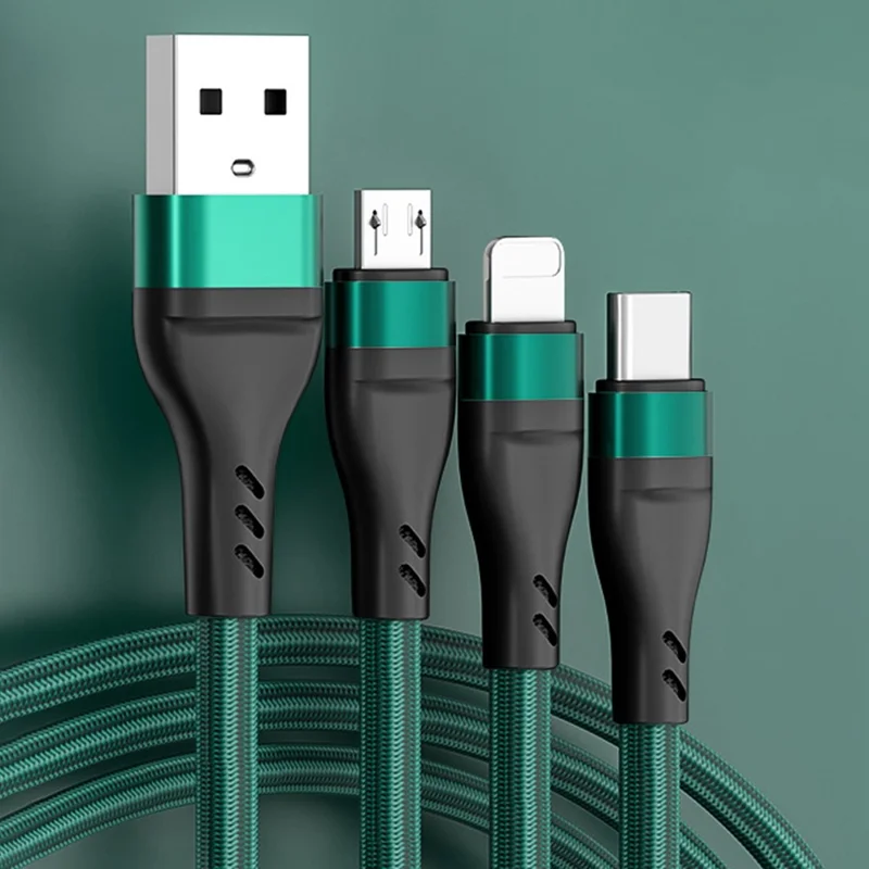 XKS-20 2m 100W Braided USB Cable 3-in-1 6A Fast Charging Data Cable for Android, Huawei, and iPhone - Midnight Green