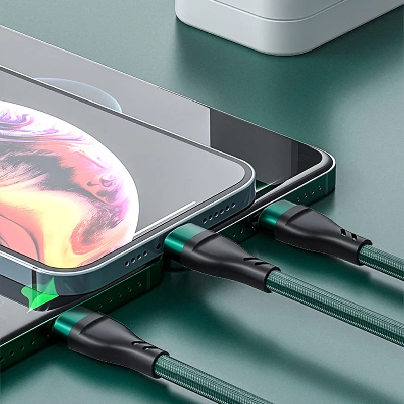 XKS-20 2m 100W Braided USB Cable 3-in-1 6A Fast Charging Data Cable for Android, Huawei, and iPhone - Midnight Green
