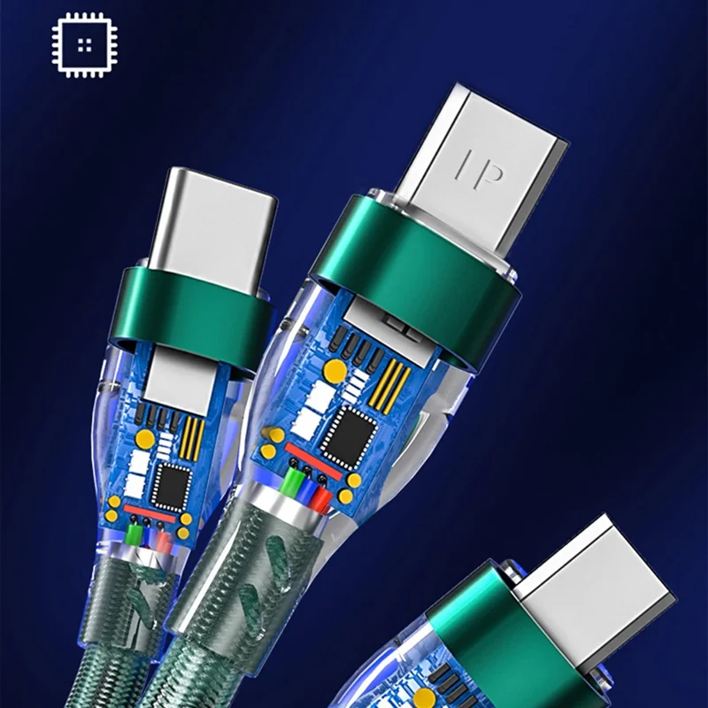 XKS-20 2m 100W Braided USB Cable 3-in-1 6A Fast Charging Data Cable for Android, Huawei, and iPhone - Midnight Green