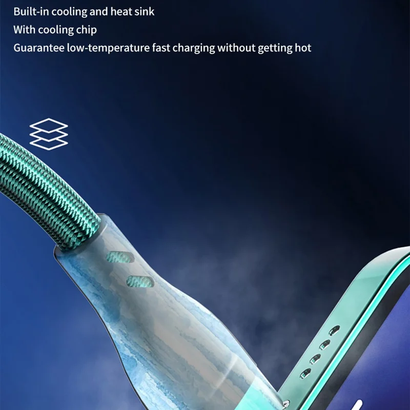 XKS-20 2m 100W Braided USB Cable 3-in-1 6A Fast Charging Data Cable for Android, Huawei, and iPhone - Midnight Green