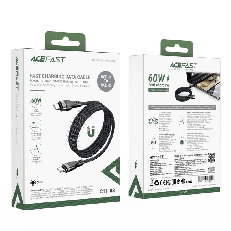 ACEFAST C11-03 1.2m USB-C to USB-C 60W Fast Charging Cable Magnetic Braided Data Cord