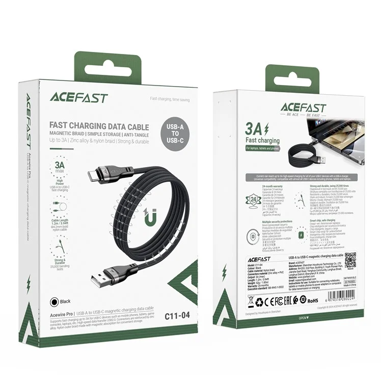 ACEFAST C11-04 1.2m USB-A to USB-C Data Cable 3A Fast Charging Magnetic Cord