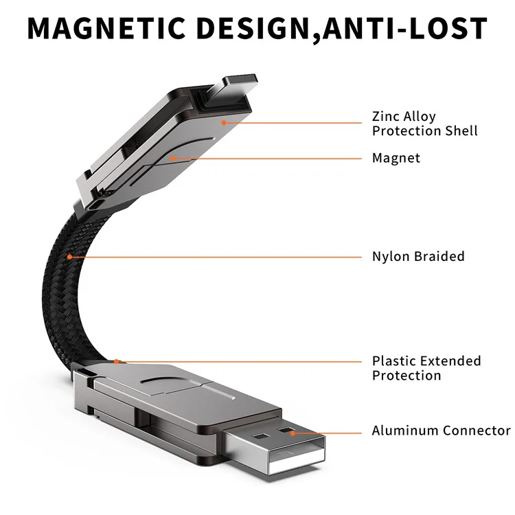 RWINEL USB+Type-C to Type-C+8-Pin PD 60W Zinc Alloy 4 in 1 Magnetic Fast Charging Data Cable - White+Grey