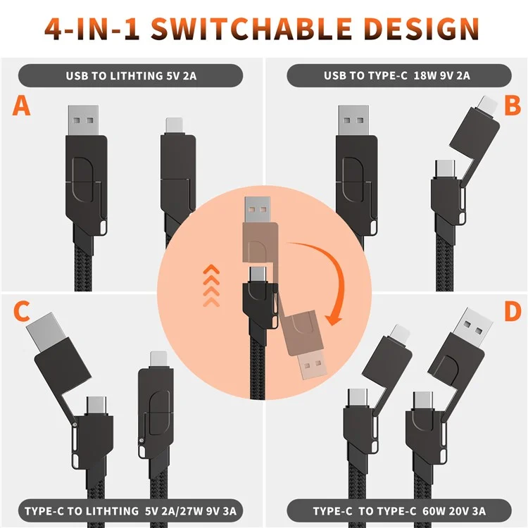 RWINEL USB+Type-C to Type-C+8-Pin PD 60W Zinc Alloy 4 in 1 Magnetic Fast Charging Data Cable - White+Grey