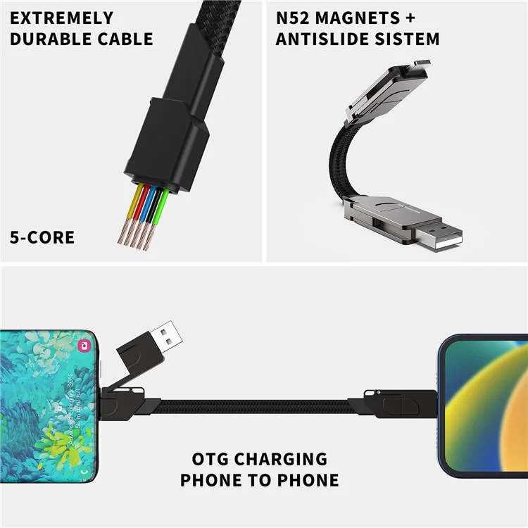 RWINEL USB+Type-C to Type-C+8-Pin PD 60W Zinc Alloy 4 in 1 Magnetic Fast Charging Data Cable - White+Grey