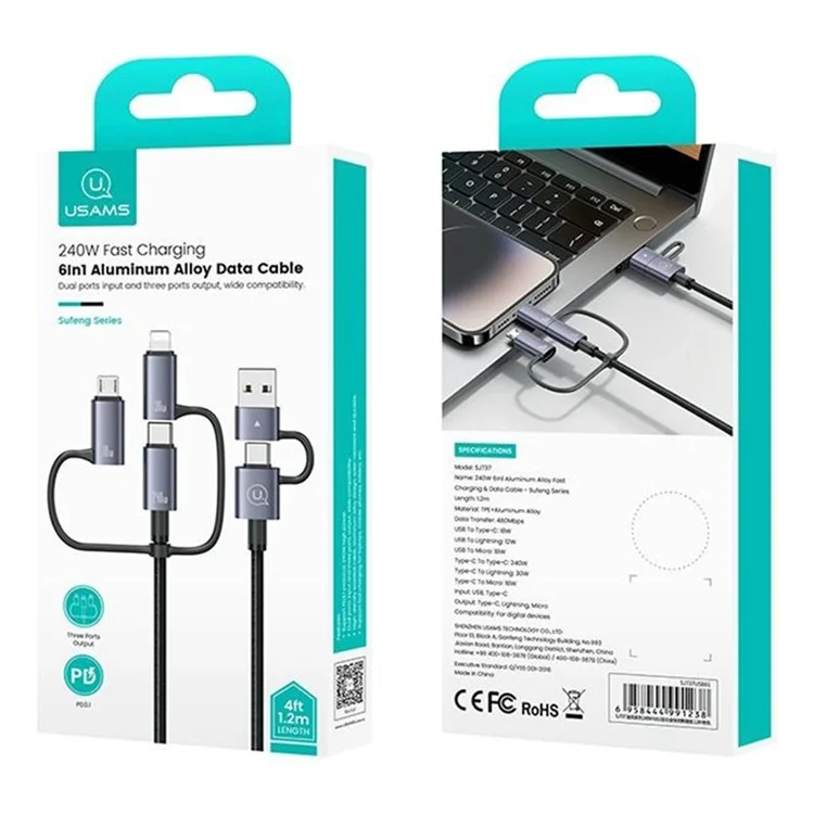 USAMS SJ737 1,2m Cabo de Carregamento Múltiplo de 240w 6 em 1 Liga de Alumínio de Alumínio Fast Charging Data Cord