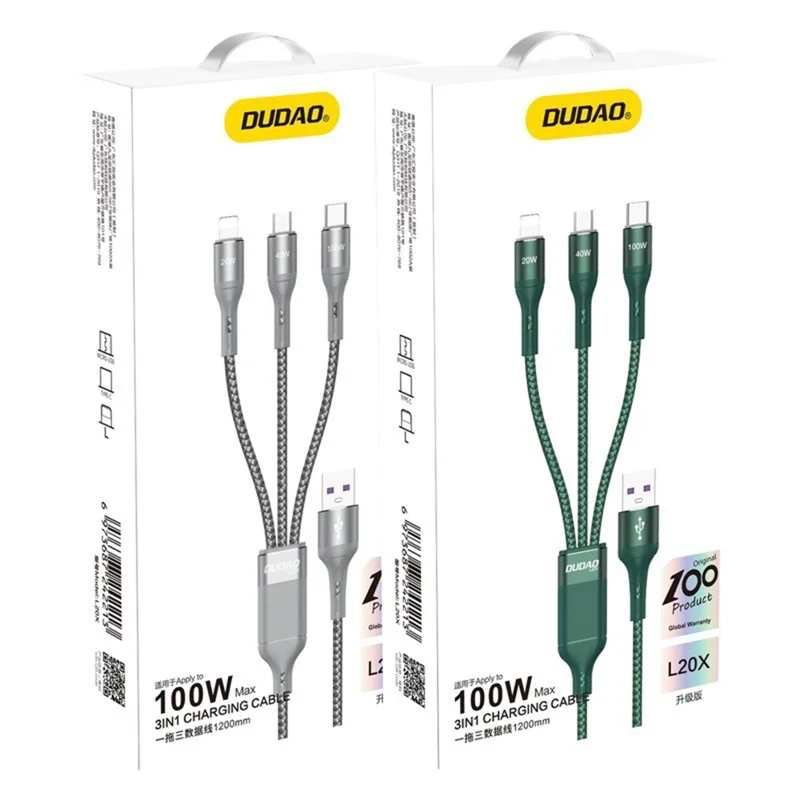 DUDAO L20X 3-in-1 Ip+Type-C+Micro 100W Fast Charging Cable Nylon Braided Wire