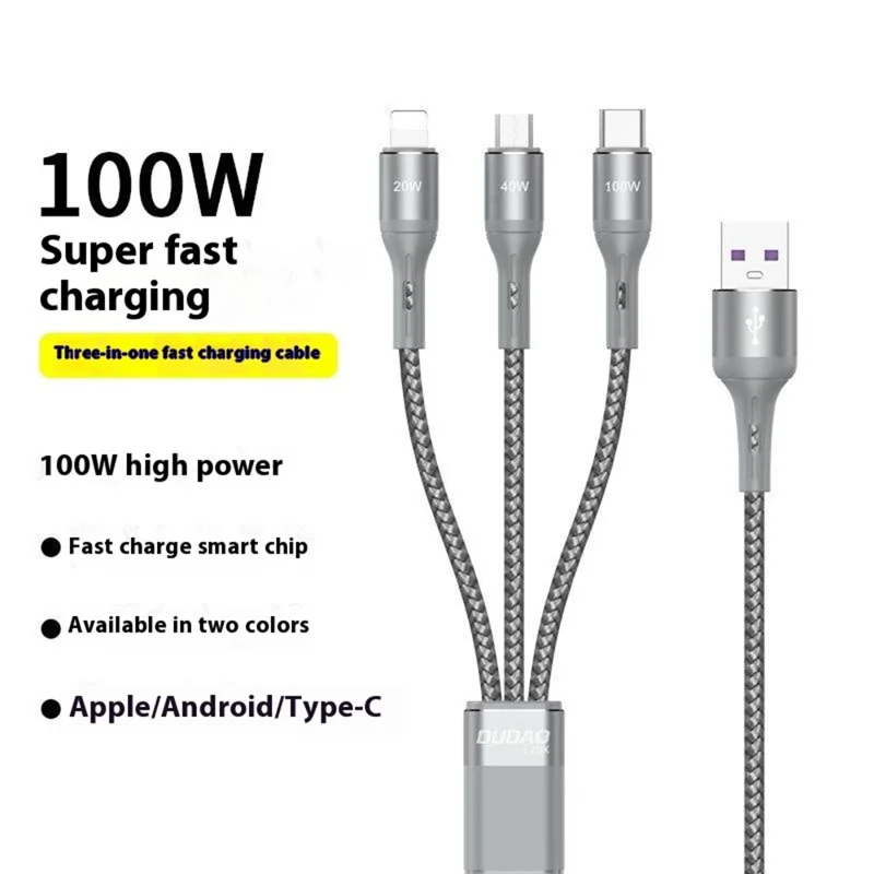 DUDAO L20X 3-in-1 Ip+Type-C+Micro 100W Fast Charging Cable Nylon Braided Wire