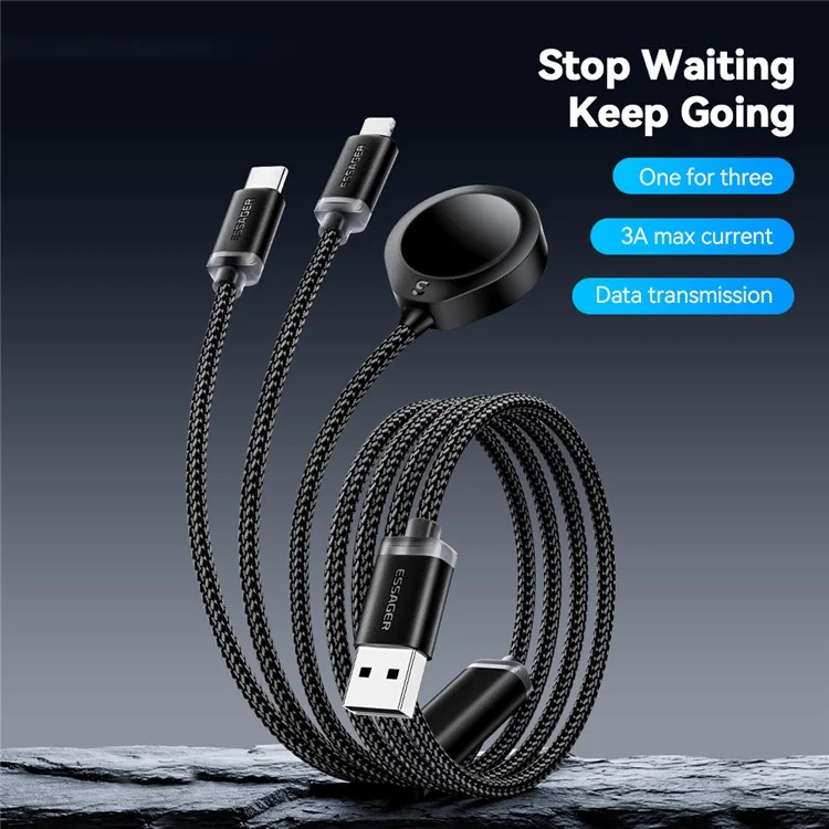 ESSAGER 1.2m USB to Type-C + 8-pin + for Apple Watch Wireless Charging Dock Braided Charge Cable