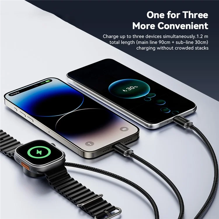 ESSAGER 1.2m USB to Type-C + 8-pin + for Apple Watch Wireless Charging Dock Braided Charge Cable