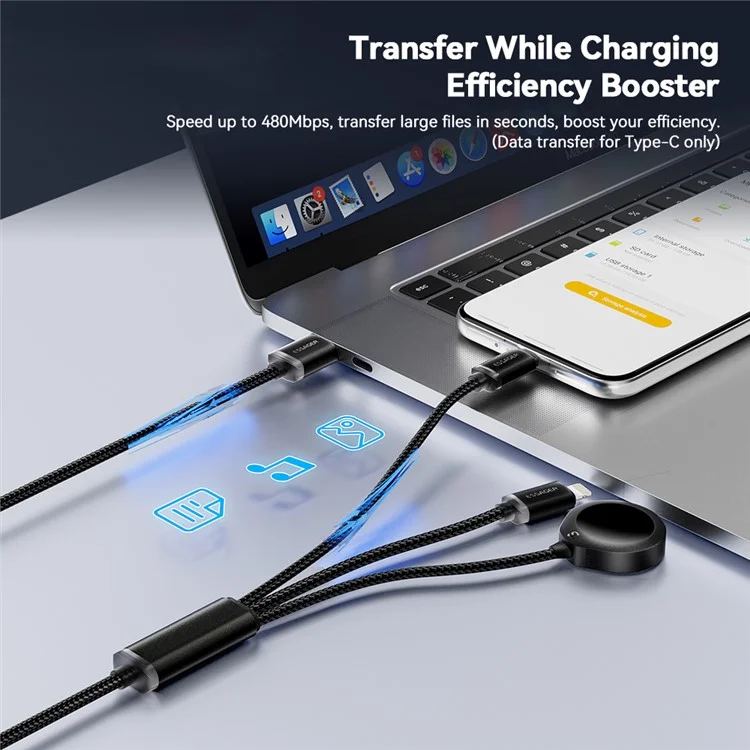 ESSAGER 1.2m USB to Type-C + 8-pin + for Apple Watch Wireless Charging Dock Braided Charge Cable