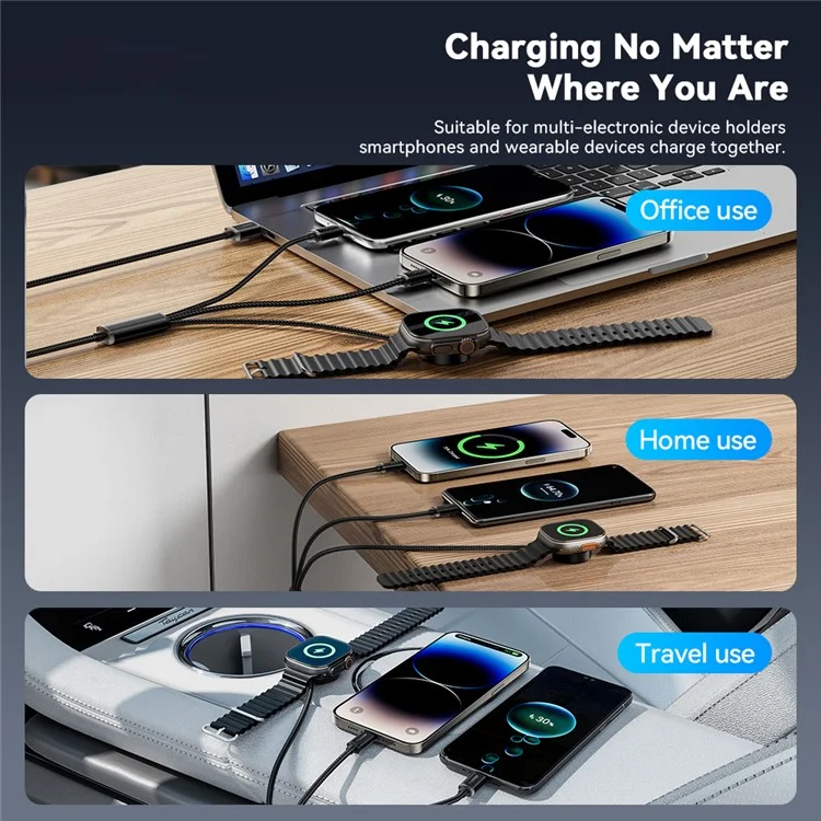 ESSAGER 1.2m USB to Type-C + 8-pin + for Apple Watch Wireless Charging Dock Braided Charge Cable