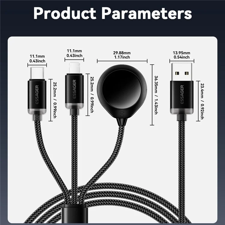 ESSAGER 1.2m USB to Type-C + 8-pin + for Apple Watch Wireless Charging Dock Braided Charge Cable