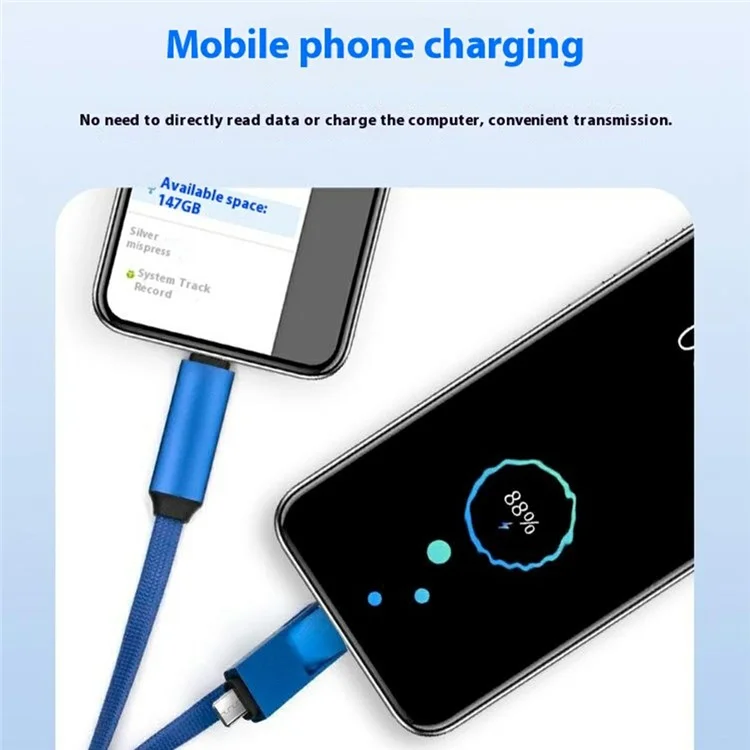 Bulk Purchasing ZQ-266 1m 100W 5A Braided Data Cable OTG to Type-C + iP Charging Cord - Blue
