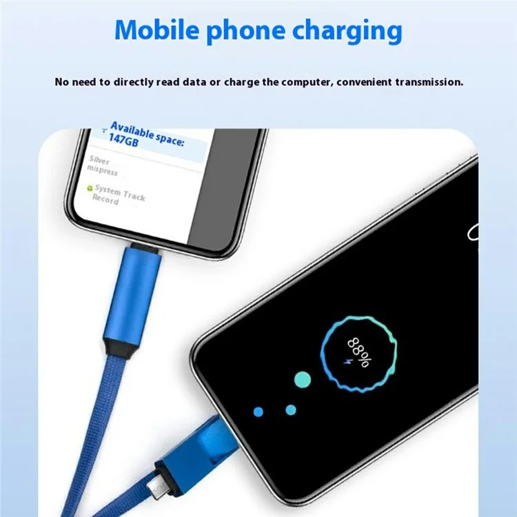 Großeinkauf ZQ-265 16 cm 100 W 5 A Magnetisches Datenkabel OTG zu Typ-C + iP Ladekabel - Blau