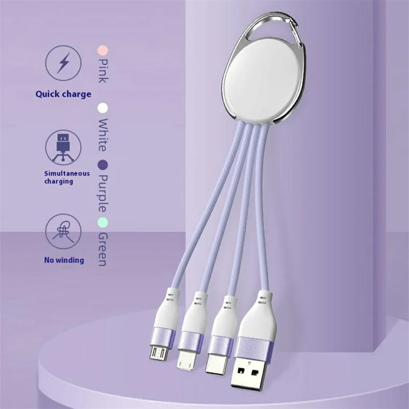 Bulk Purchasing ZQ-249 Keychain Liquid Silicone Charging Cable USB to Type-C + Micro + iP Data Cord - Green