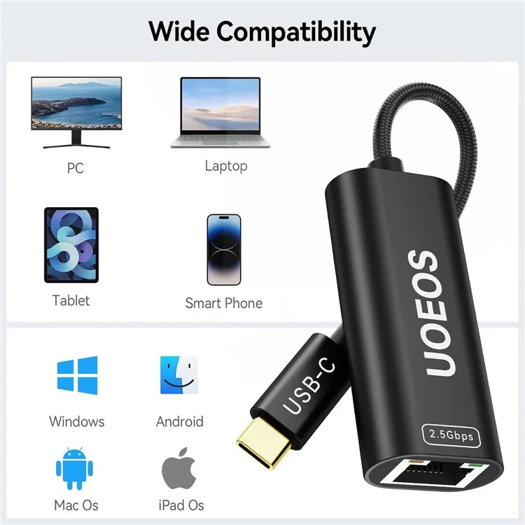 Adattatore Ethernet UOEOS USB 3.1 Type-C 2.5G ad alta velocità RJ45 - Nero