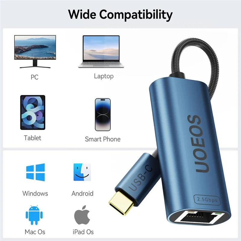 UOEOS USB 3.1 Type-C to Ethernet Adapter 2.5G High Speed RJ45 Wired Network Converter - Blue