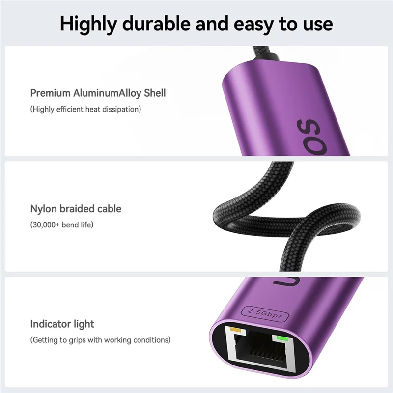 UOEOS USB 3.1 Type-C to Ethernet Adapter 2.5G High Speed RJ45 Wired Network Converter - Purple