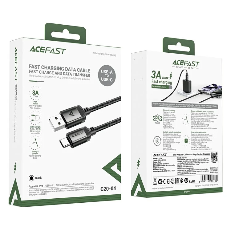 ACEFAST C20-04 1,2 m USB-A zu USB-C Aluminium-Legierungs-Ladekabel, geflochtenes Datenkabel